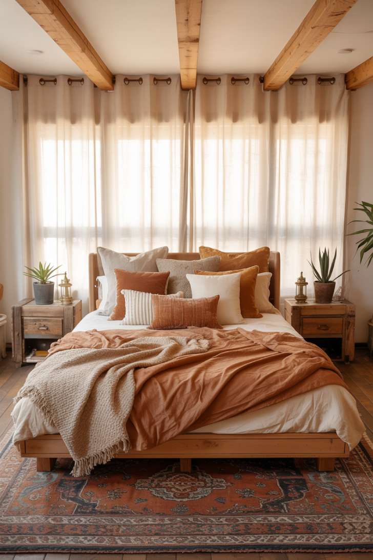 Front-view rustic bedroom with low platform bed and sage green textiles