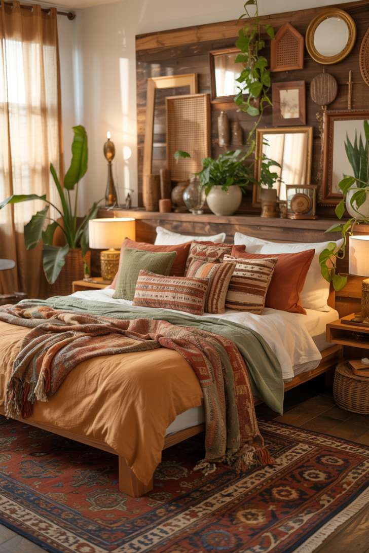 Bohemian bedroom with reclaimed wood wall, vintage mirrors, and trailing plants