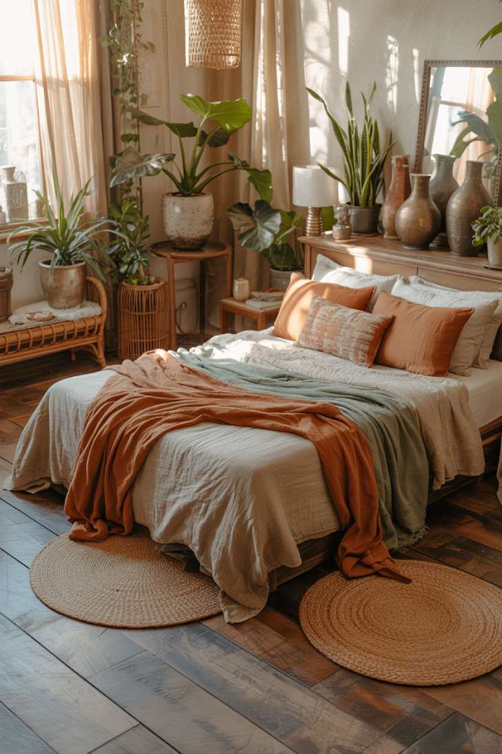 Unmade linen bed with layered textiles and eclectic houseplant collection