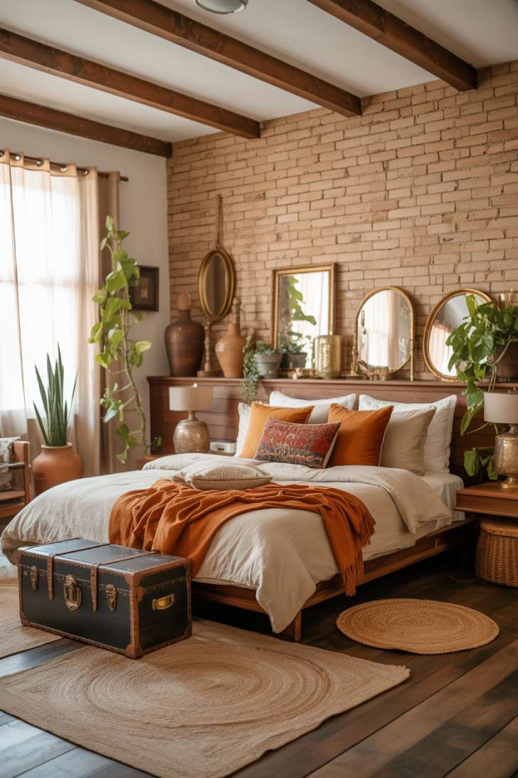 Front-view bedroom with low platform bed and vintage leather trunk