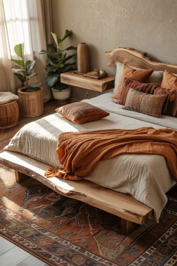 Rustic bedroom with live-edge wooden bed frame and white linen bedding