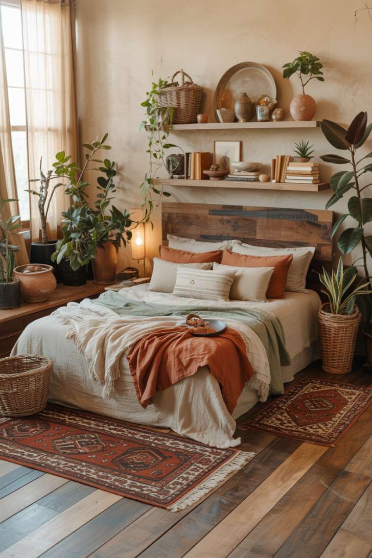 Front-view rustic bedroom with floating wooden shelves and layered rugs