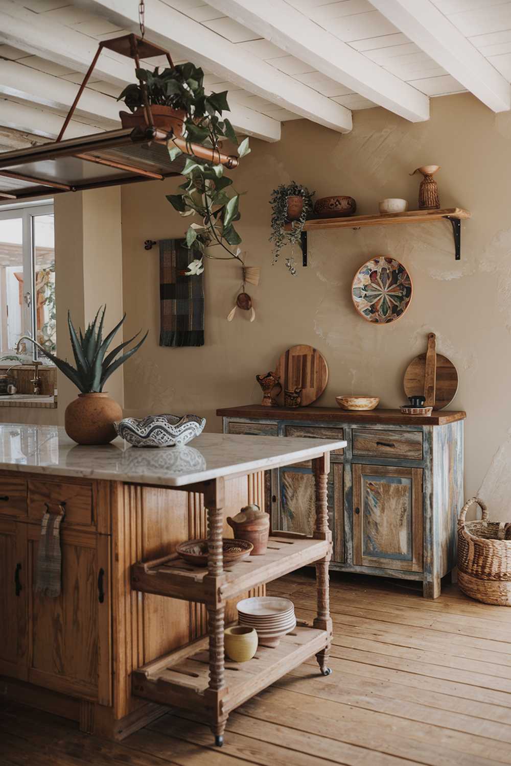  A cozy rustic boho kitchen design with a stylish decor. The kitchen has a wooden island with a marble countertop, where a plant and a decorative bowl sit. There's a rustic wooden cabinet against the wall, with a few decorative items. The walls have a beige paint and a few hanging items, including a plant, a wooden shelf, and a decorative bowl. The floor is made of wooden planks.