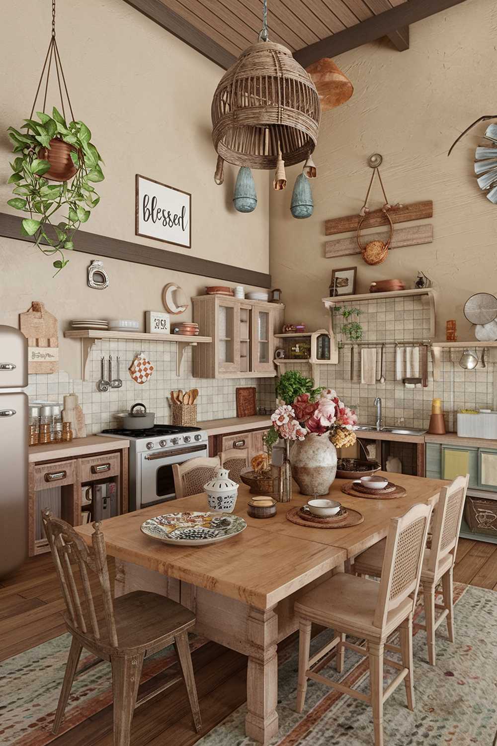 A cozy, rustic, boho kitchen design and decor. The kitchen has a wooden floor, beige walls, and a high ceiling. There is a large wooden table in the middle of the room. The table has a variety of items, including a vase of flowers, a decorative plate, a lantern, and a few books. There are also chairs around the table. The walls have a few hanging items, including a sign that says "Blessed", a hanging plant, and a decorative piece. The kitchen has a few appliances, including a stove, a refrigerator, and a sink. There are also a few cabinets and a shelf. The overall design is warm and inviting, with a mix of textures and colors.