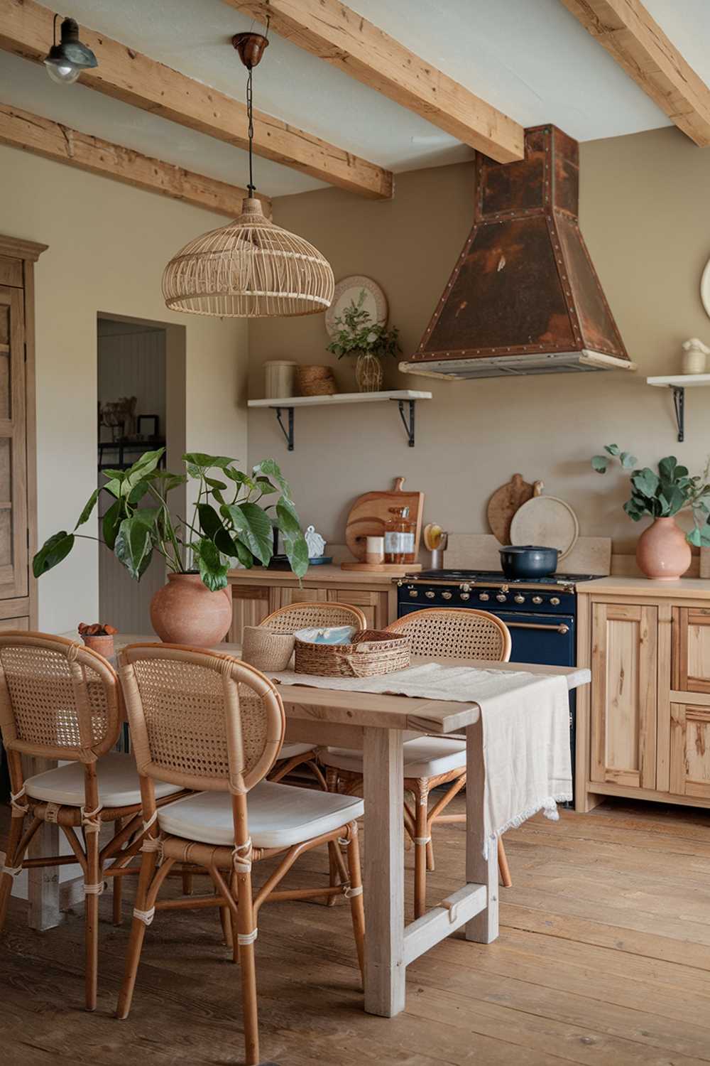 A rustic boho kitchen decor. The kitchen has wooden beams on the ceiling, a rustic range hood, and a vintage light fixture. There is a wooden table with a beige cloth and chairs with wicker backs. The walls are painted beige. There are potted plants, a woven basket, and a few decorative items on the table. The floor is made of wood.