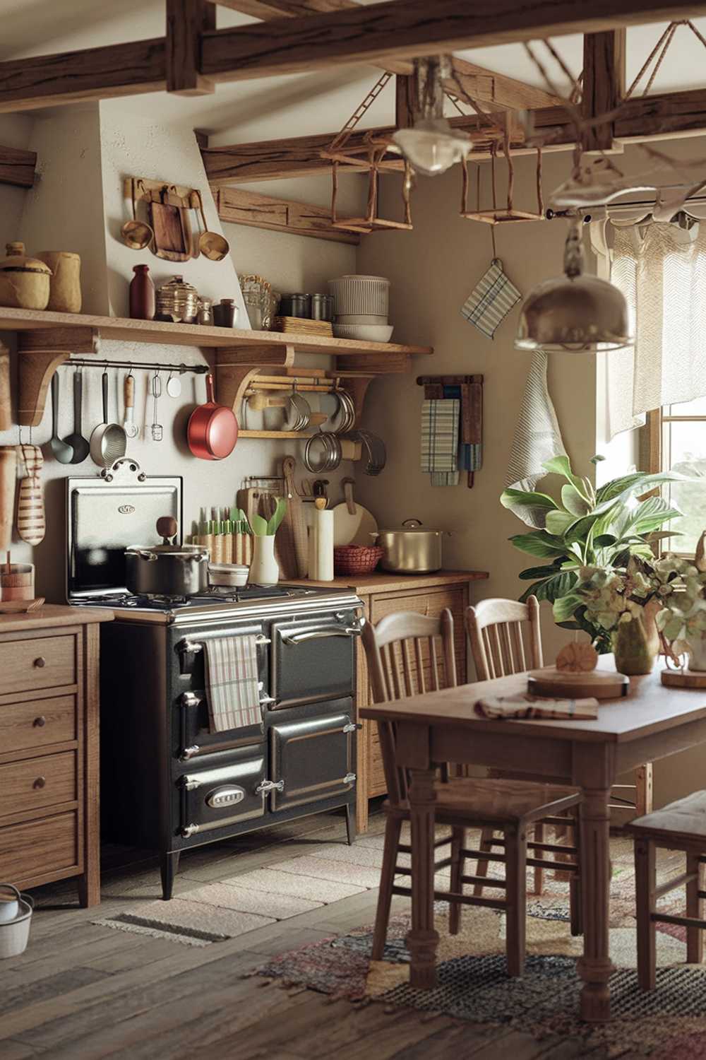 A rustic boho kitchen decor. The kitchen has wooden furniture, a vintage stove, and a wooden table with chairs. There are various kitchen utensils, pots, and pans hanging from the wooden beams. There are also potted plants, a rug, and a few decorative items on the table. The walls are painted beige, and there is a window with a curtain.