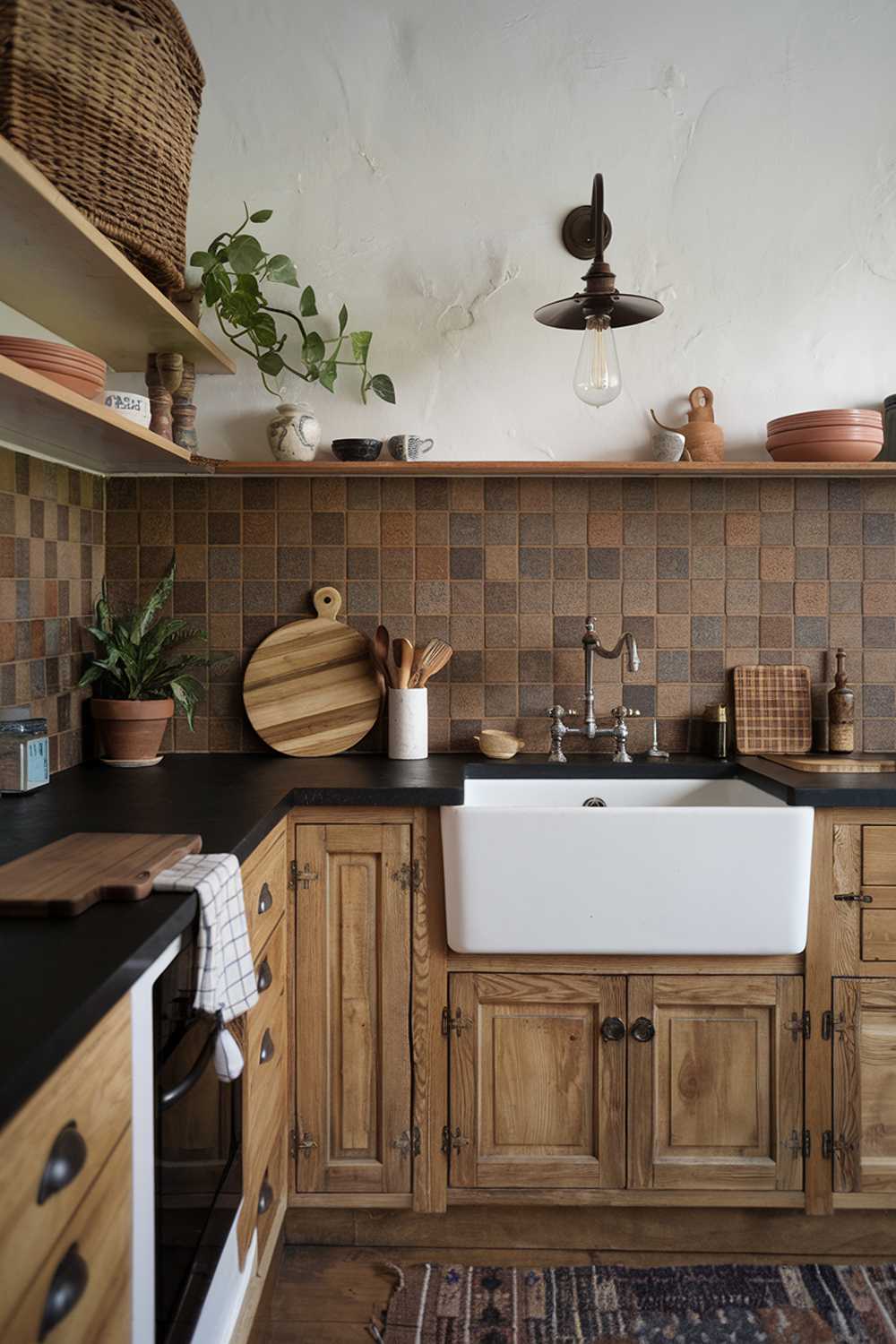 A rustic boho kitchen decor with highly detailed elements. The kitchen has wooden cabinets, a white farmhouse sink, and a black countertop. There's a vintage light fixture hanging above the sink. The backsplash is tiled with earthy hues. A wicker basket, a potted plant, a wooden cutting board, and a few cooking utensils are placed on the countertop. The floor is covered with a rug.