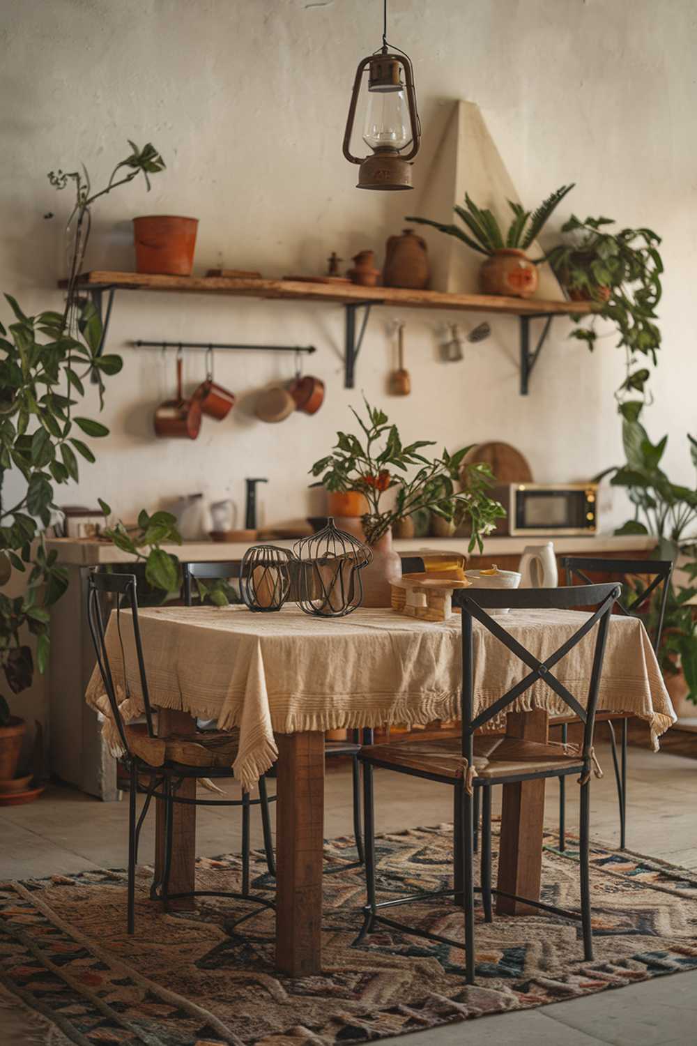 A cozy rustic boho kitchen with a stylish decor. There is a wooden table with a beige tablecloth, surrounded by chairs. Above the table, there is a hanging lantern. On the wall, there is a wooden shelf with pots, plants, and a lamp. The floor is covered with a patterned rug. There are plants scattered around the kitchen. The overall ambiance is warm and inviting.