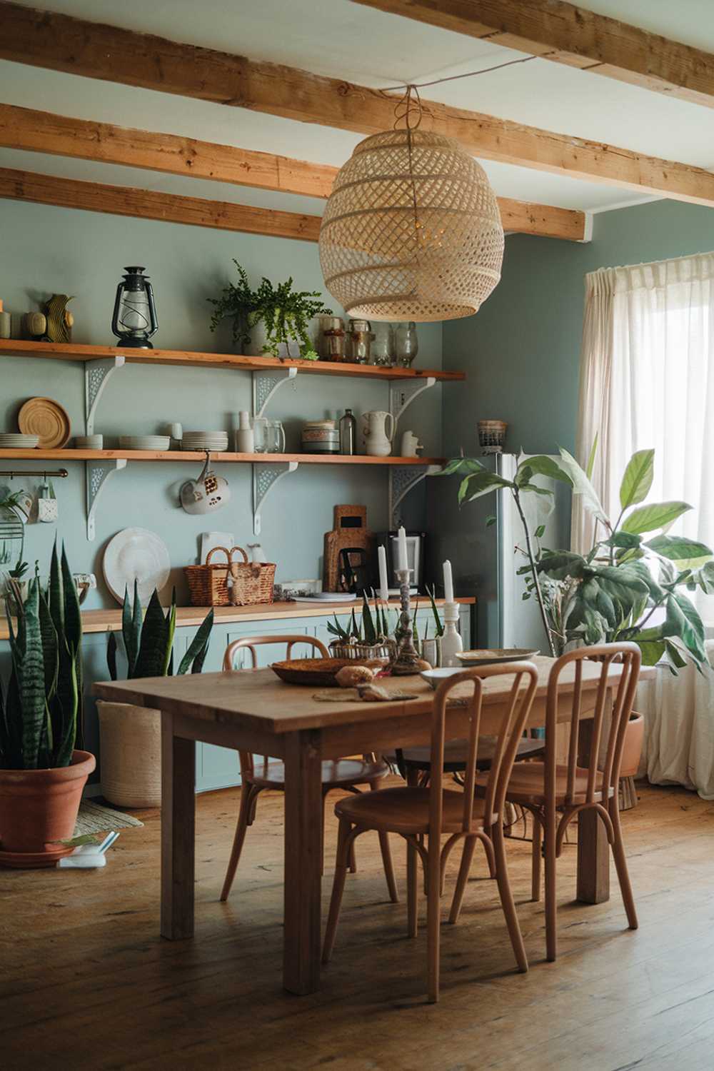 A cozy, rustic boho kitchen with a stylish decor. The room has wooden beams on the ceiling, a large wooden table with chairs, and a few potted plants. There are shelves with various items, including a lantern, a dish, and some greenery. The walls are painted in a light blue color. The floor is made of wood. There are some items on the table, including a basket, a plate, and a candle.