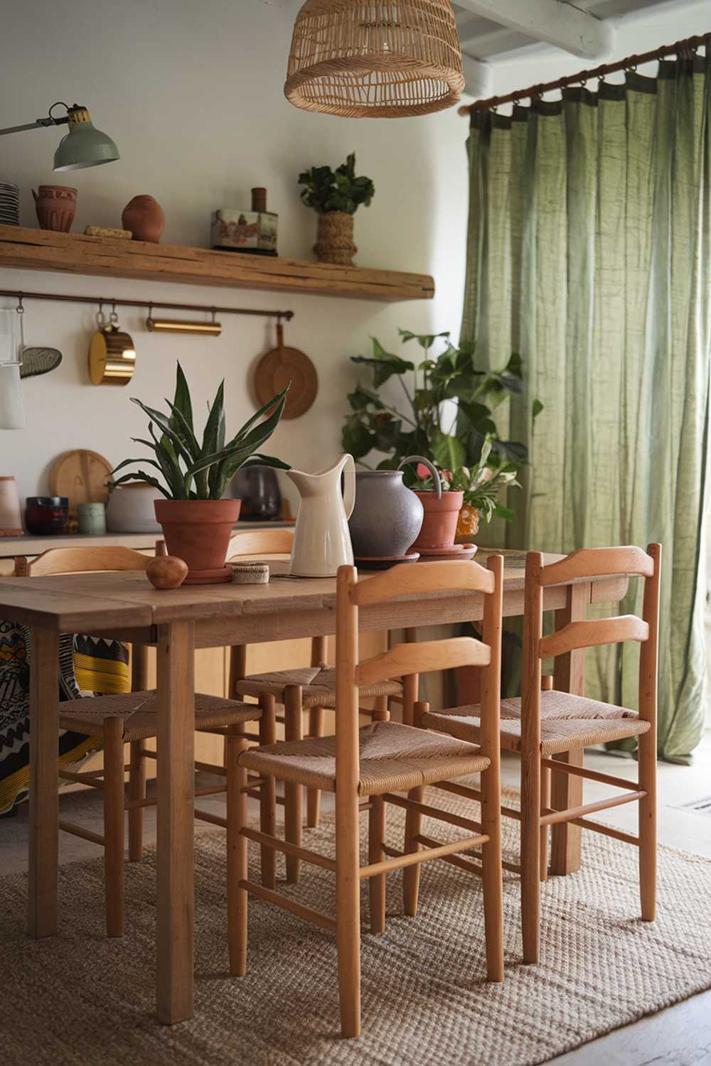 A rustic boho kitchen with a stylish decor. The kitchen has a wooden table with a beige rug underneath. There are wooden chairs with woven seats. On the table, there are potted plants, a white pitcher, and a gray pot. The wall has a wooden shelf with decorative items. The shelf also holds a vintage lamp. The background has a green curtain.