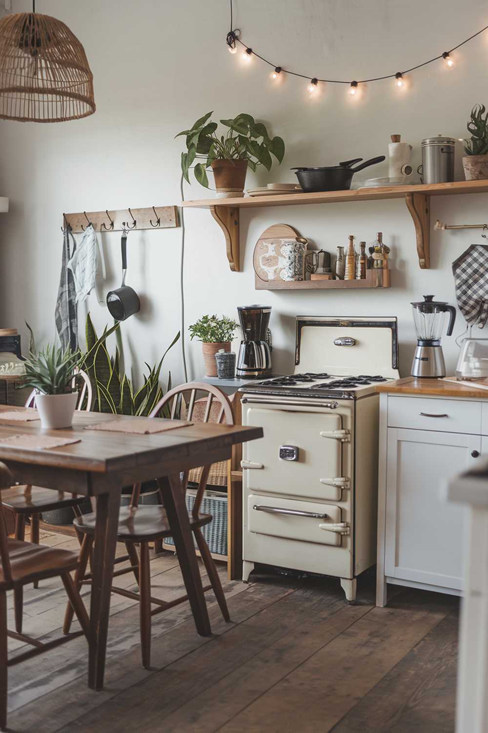 A rustic boho kitchen decor. The kitchen has a wooden table with chairs and a few potted plants. There is a vintage stove, a white cabinet, and a wooden shelf. The shelf holds various kitchen items, including a coffee maker, a blender, and a cast iron skillet. The floor is made of wood. The wall has a few hooks and a string of lights.