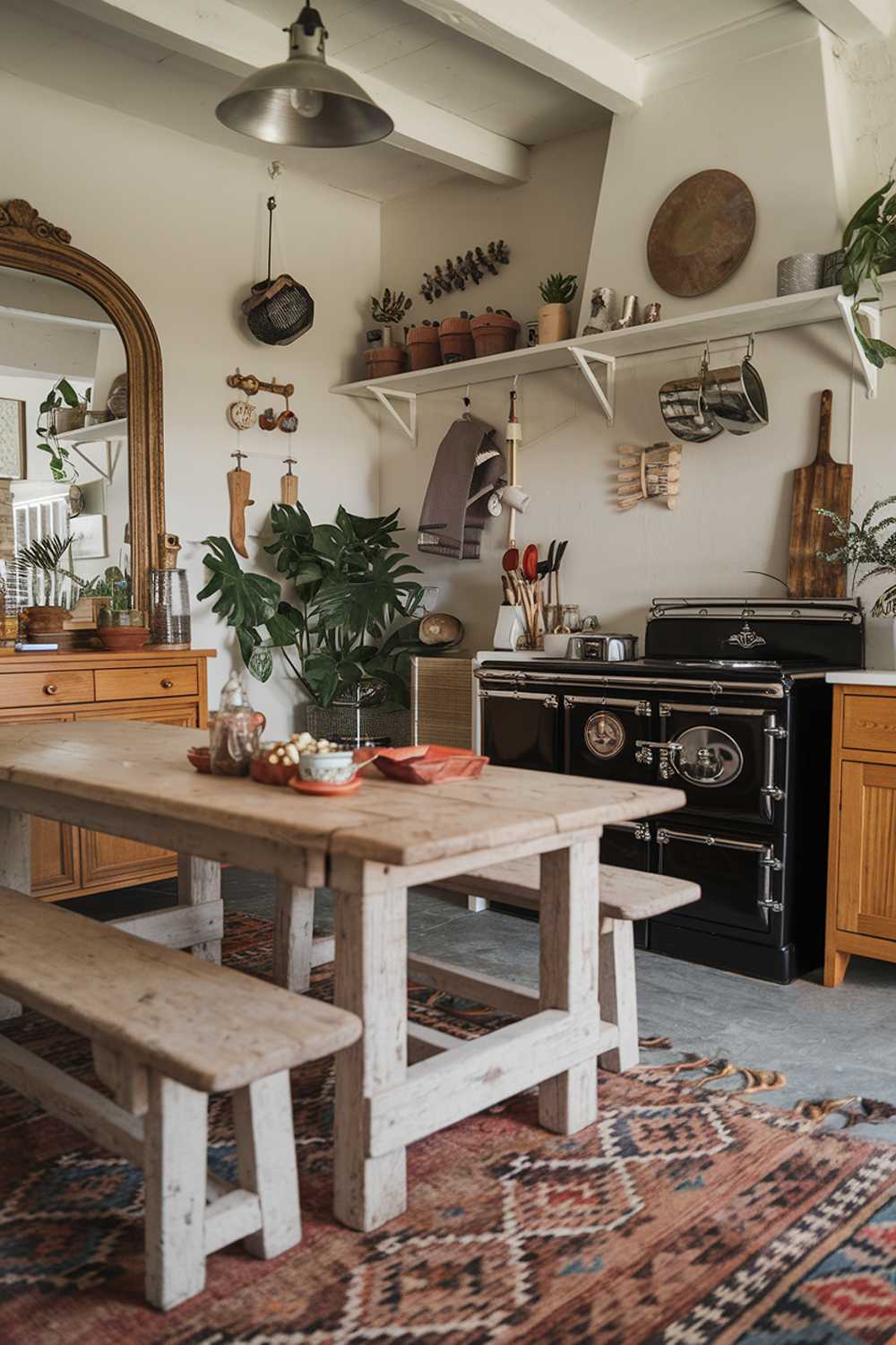 A rustic and boho kitchen design and decor. The kitchen has a rustic wooden table with benches, a vintage range stove, a wooden cabinet, and a few potted plants. The walls are adorned with decorative items and a large mirror. The floor is covered with a patterned rug.