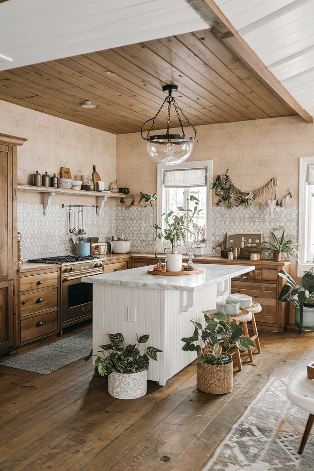 A rustic and boho kitchen design and decor. The kitchen has a wooden cabinetry, a white island with a marble top, and a wooden ceiling. There is a vintage light fixture hanging above the island. The floor is made of wooden planks. There are potted plants and a rug near the island. The walls have a beige and grey pattern.