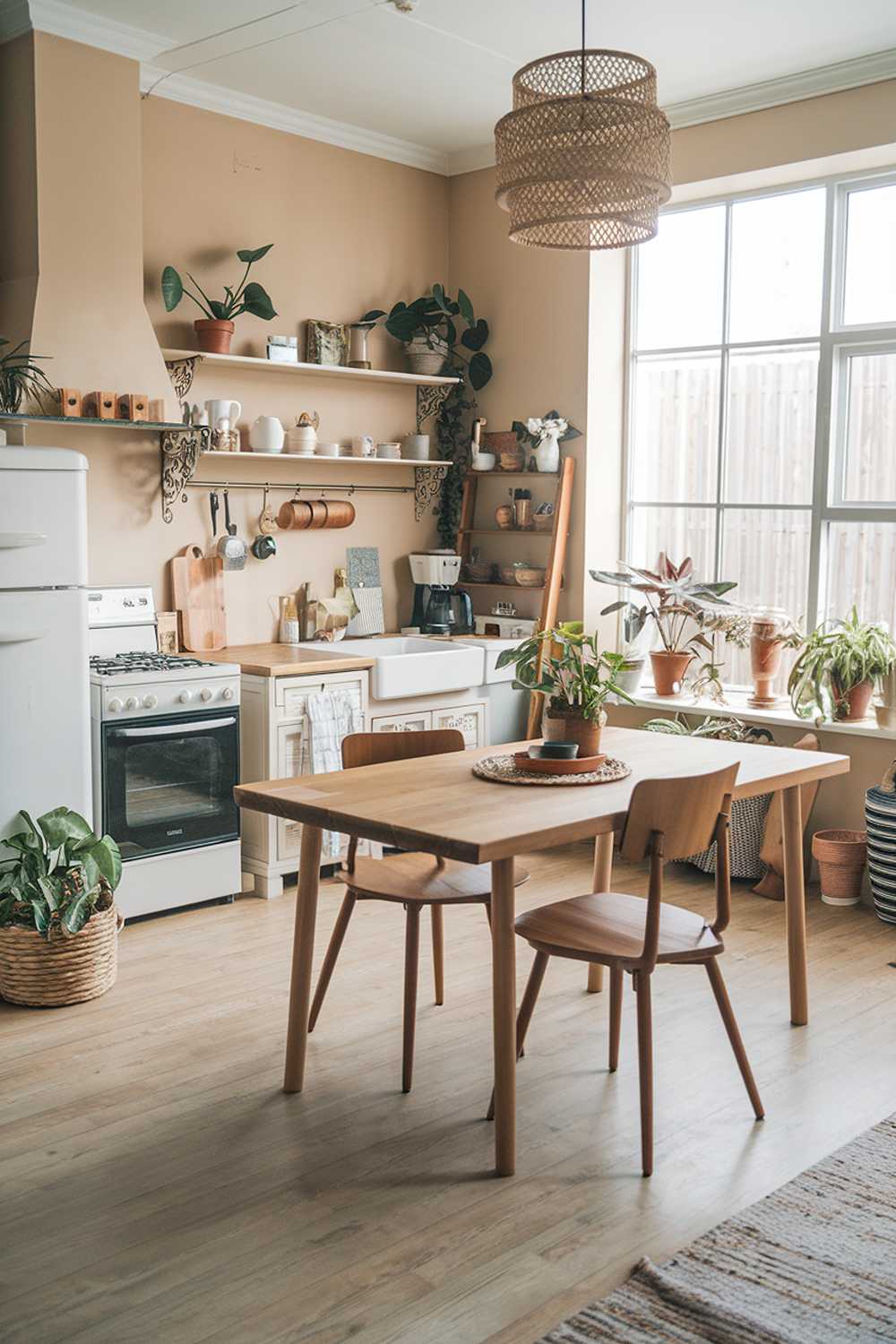 A cozy, rustic, and boho kitchen with a stylish design. The kitchen has a light wooden floor and beige walls. There's a large wooden table in the middle of the room with a few chairs. On the wall above the table, there's a wooden shelf with plants and decor items. There's a large window near the table, allowing natural light to fill the room. The kitchen has a few appliances, including a stove, oven, and refrigerator. The room has a few potted plants and decor items, such as a woven basket..