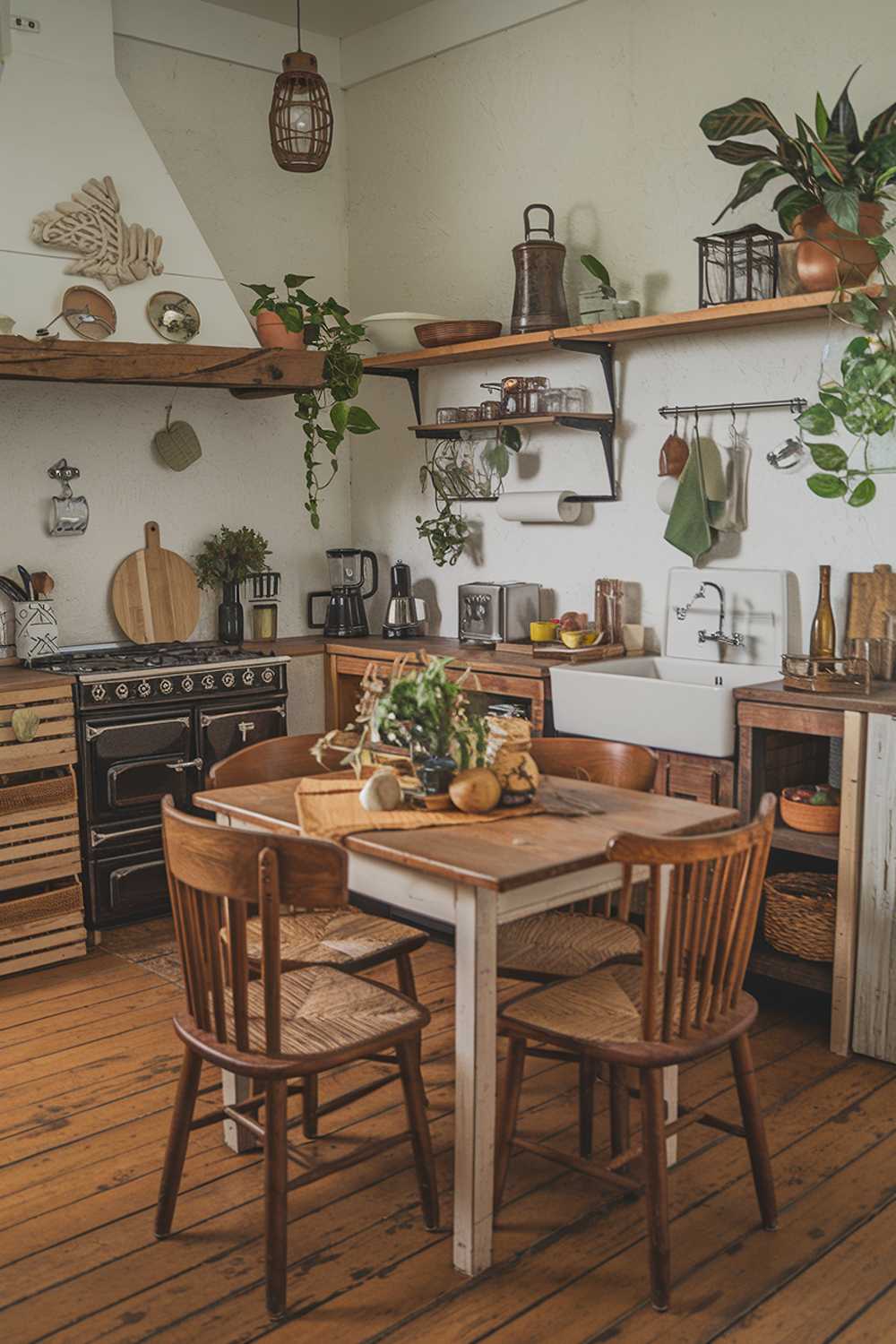 A rustic and boho kitchen design and decor with a wooden table, chairs, and shelves. There is a vintage stove, a rustic sink, and a wooden counter. The walls are adorned with plants, lanterns, and decorative items. The floor is made of wooden planks.