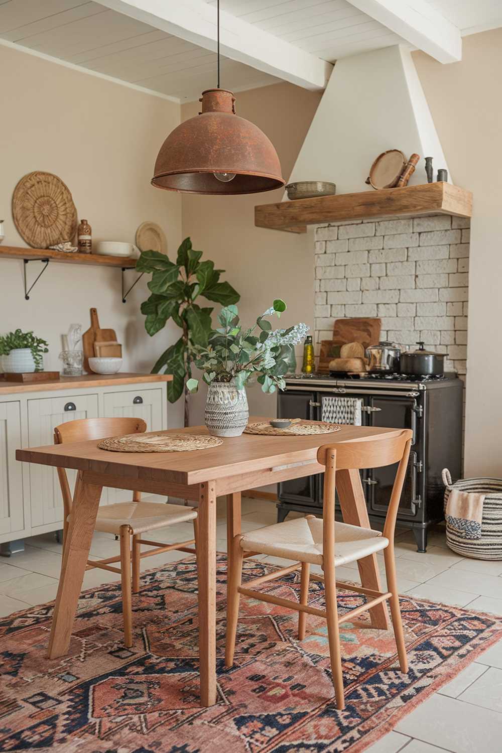 A rustic and boho kitchen design and decor with a wooden table, wooden chairs, a rustic pendant light, a vintage stove, a white cabinet, a green plant, a woven basket, and a patterned rug. The walls are painted in a soft beige hue.