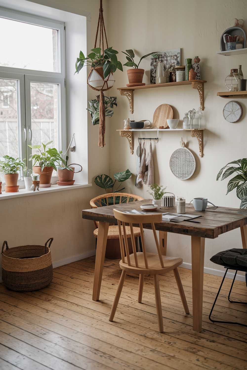 A rustic boho kitchen design and decor. The kitchen has a rustic wooden table with a few chairs. There are potted plants on the windowsill and a hanging planter. The walls have wooden shelves with various decorative items. There's a rattan basket on the floor. The floor is made of wooden planks.