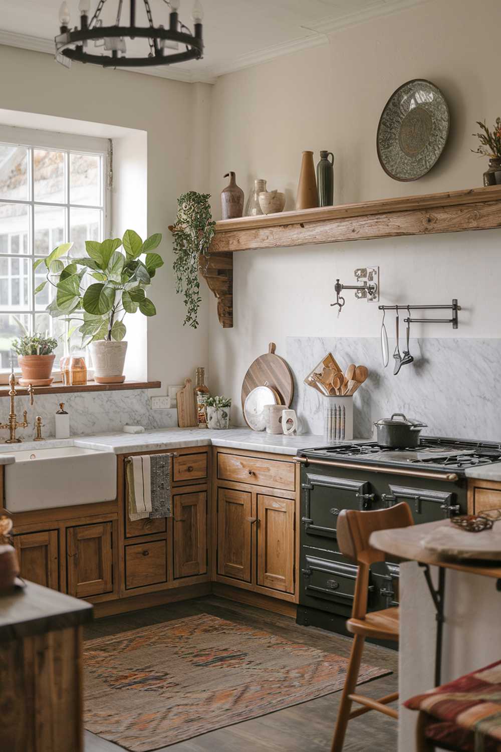 A rustic kitchen design and decor. The kitchen has wooden cabinets, a marble countertop, and a vintage range stove. There is a potted plant near the window. The wall has a wooden shelf with decorative items. The floor is covered with a rug. There is a wooden chair near the stove. The room has a rustic chandelier and a few decorative items.