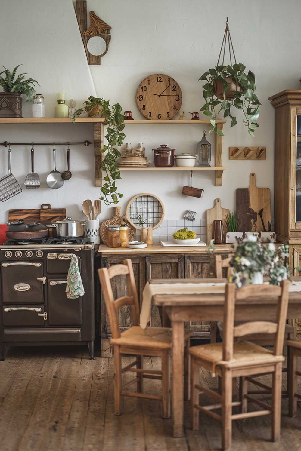 A rustic and boho kitchen design and decor with a wooden table, chairs, and shelves. There's a vintage stove, a wooden cabinet, and a variety of pots, pans, and utensils. The walls are adorned with plants, a lantern, and a wooden clock. The floor is made of wood.