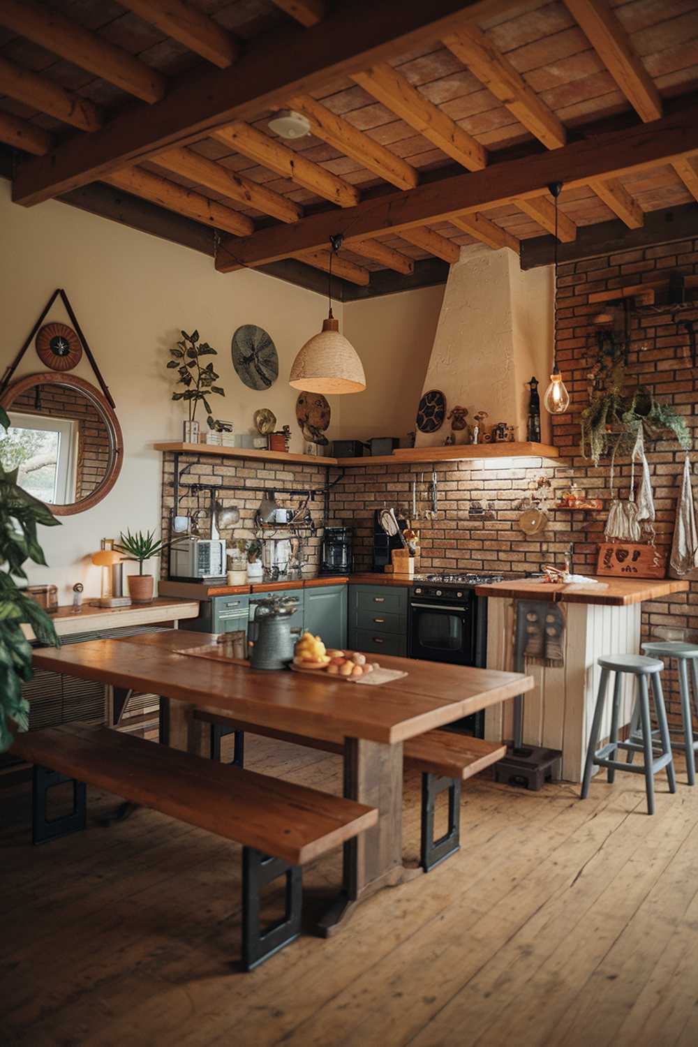 A rustic and boho kitchen design and decor. The kitchen has a wooden ceiling, exposed brick walls, and a rustic wooden floor. There is a large wooden dining table in the middle of the room. The walls are adorned with various items, including a mirror, a lamp, and a decorative piece. The kitchen has a rustic oven, a wooden counter, and a few stools. There are potted plants scattered around the room. The lighting is warm and inviting.