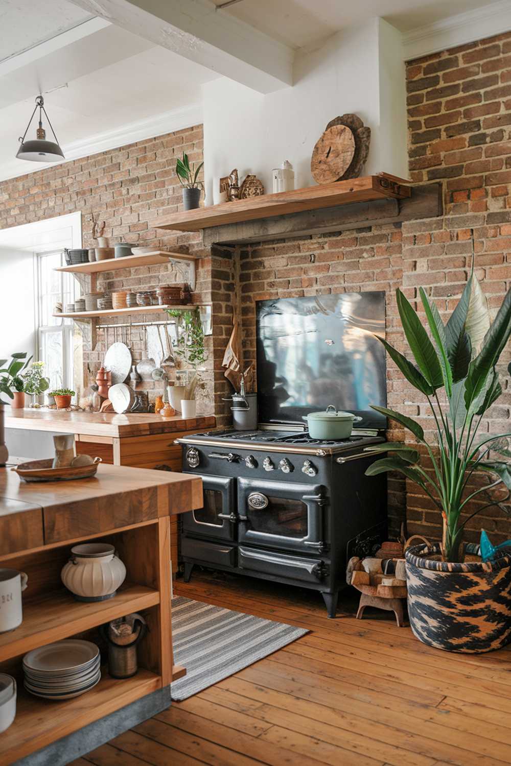 A rustic boho kitchen design and decor. The kitchen has a wooden countertop, a few pots, a vintage stove, and a few decorative items. The walls are exposed brick. There's a large potted plant near the stove. The floor is made of wood planks.