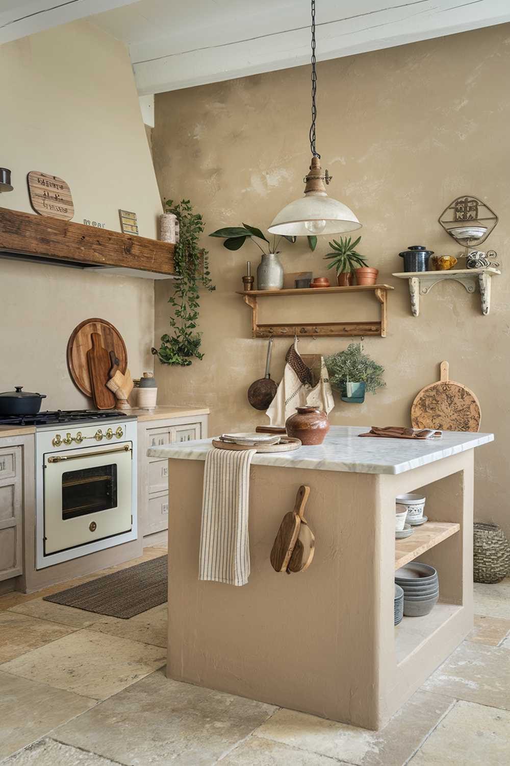 A rustic boho kitchen design. The kitchen has a beige painted wall, a beige island with a marble top, and a white built-in oven. There is a vintage pendant light hanging above the island. The floor is made of large beige tiles. On the wall, there is a wooden shelf with plants and a white cabinet. The island has a wooden cutting board, a pot, and a wooden spoon. There are also some decorative items on the wall and the shelf.