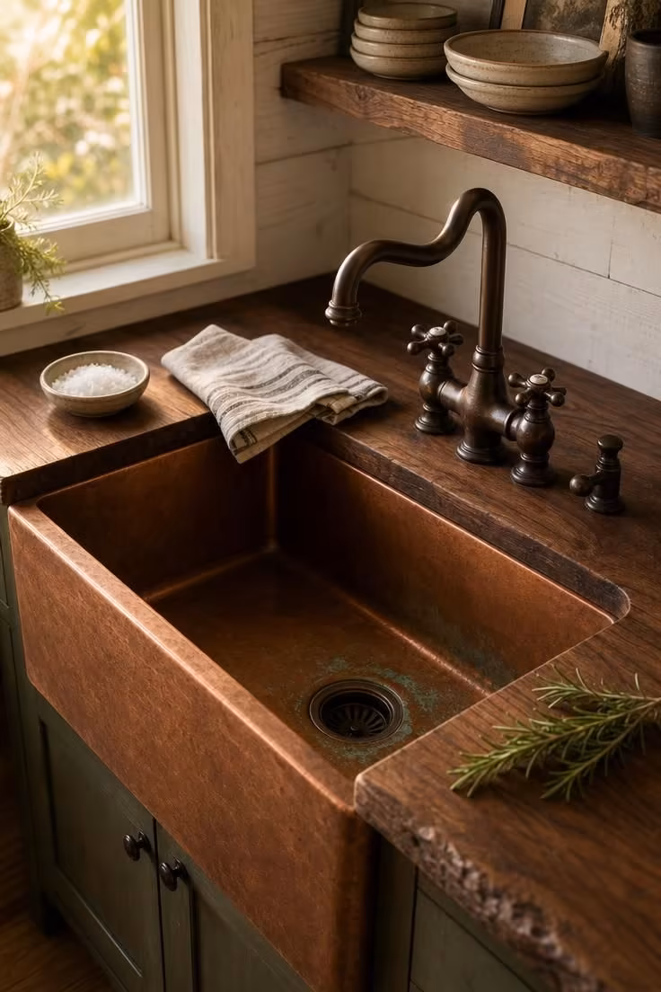 13 Charming Rustic Cottage Ideas for a Welcoming Retreat 1 Close-up of a copper farmhouse sink in a rough-cut walnut countertop with warm afternoon light.