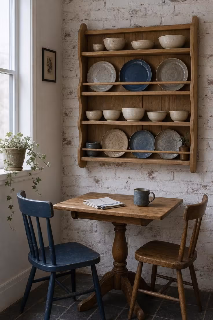 13 Charming Rustic Cottage Ideas for a Welcoming Retreat 2 Whitewashed brick breakfast nook with a mounted oak plate rack holding earthenware plates.