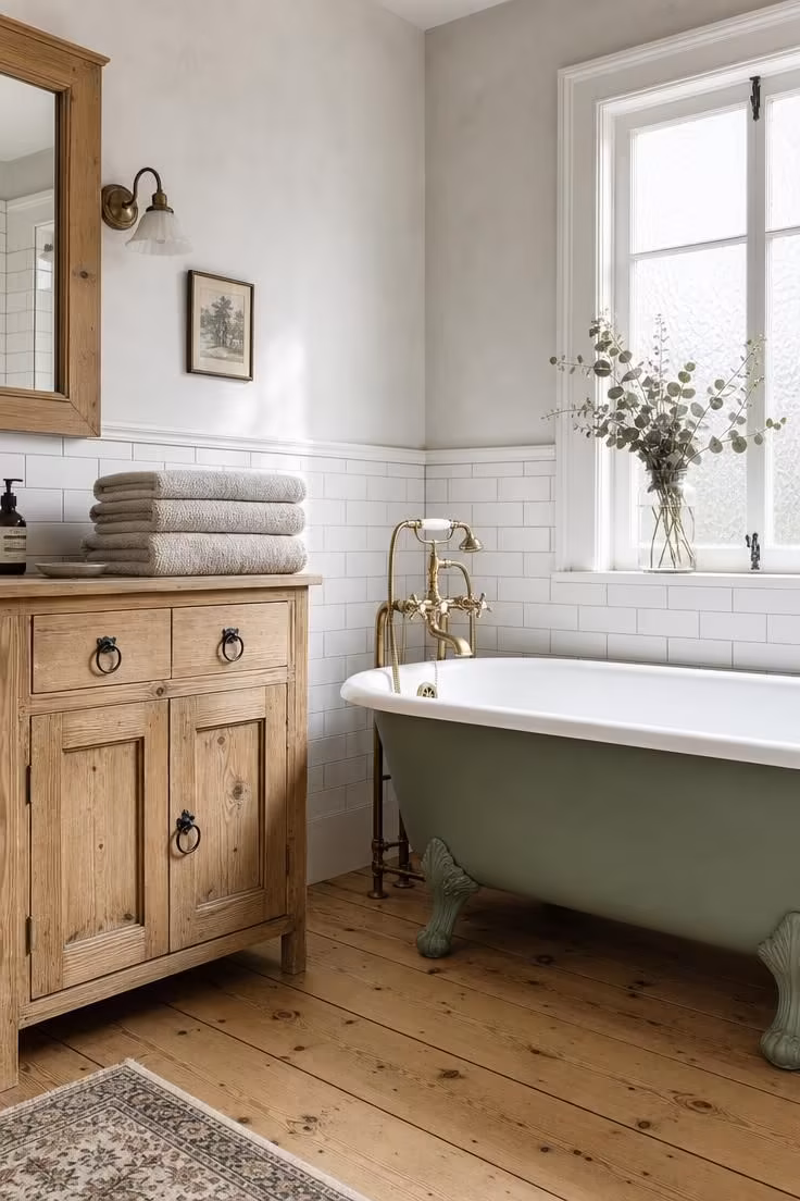 13 Charming Rustic Cottage Ideas for a Welcoming Retreat 3 Cast-iron clawfoot tub in sage beside a salvaged pine vanity in a bright cottage bathroom.