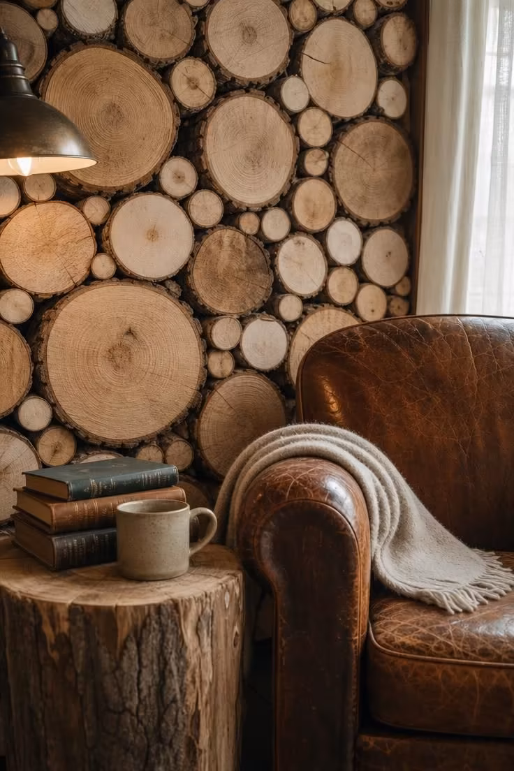 13 Charming Rustic Cottage Ideas for a Welcoming Retreat 4 Stacked cordwood accent wall behind a worn leather reading chair with a tree-stump side table.
