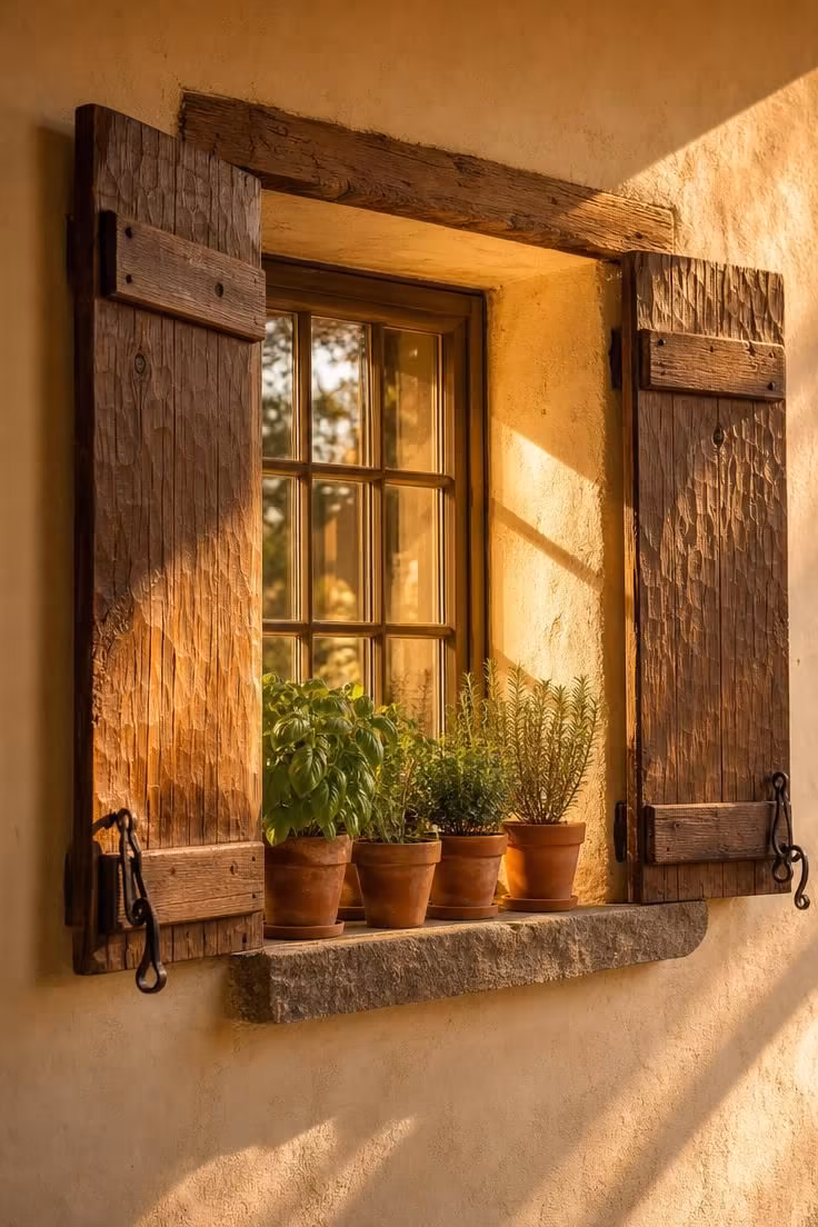 13 Charming Rustic Cottage Ideas for a Welcoming Retreat 6 Hand-hewn cedar shutters flanking a deep-set window with herbs on a stone sill in golden light.