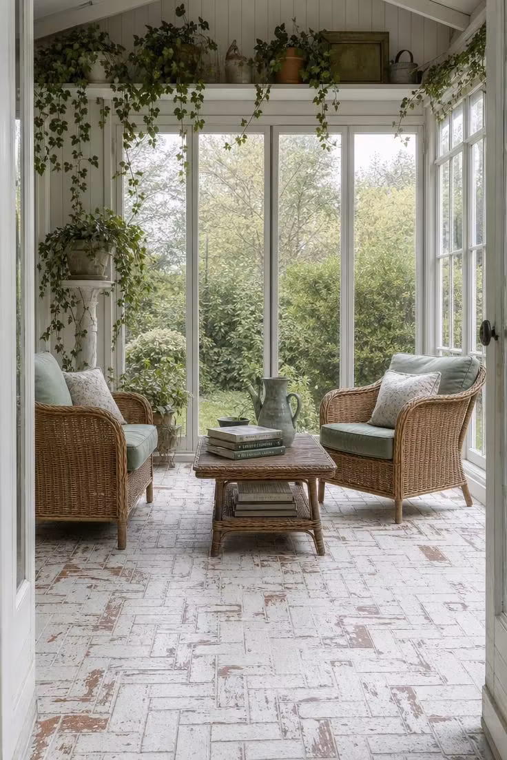 13 Charming Rustic Cottage Ideas for a Welcoming Retreat 7 Garden sunroom with painted brick floor, rattan chairs, and trailing ivy in cool overcast light.