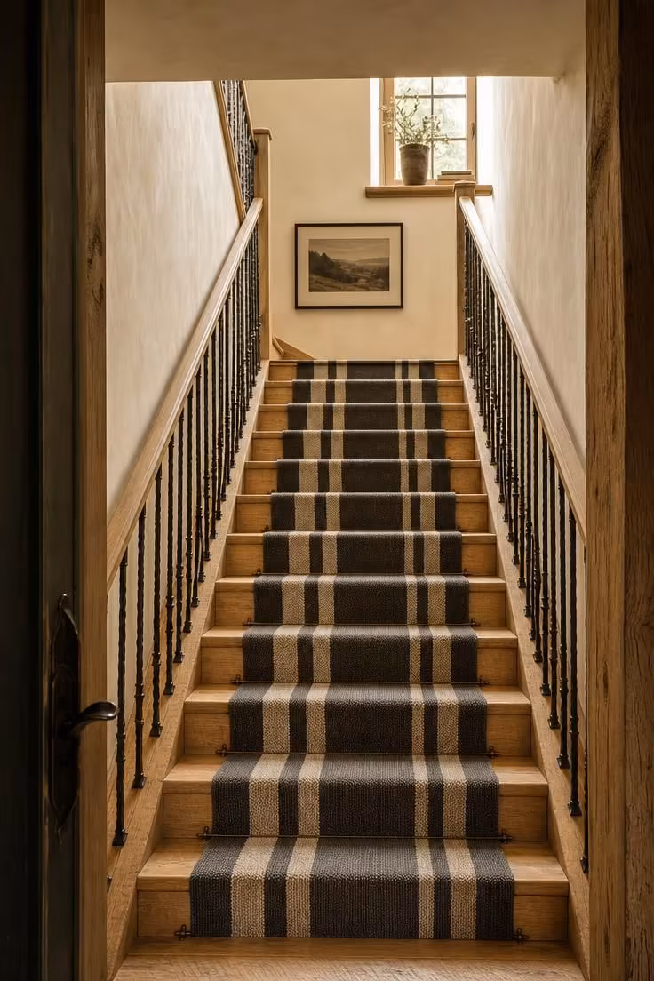 13 Charming Rustic Cottage Ideas for a Welcoming Retreat 9 Raw timber staircase with forged-iron balusters and a striped wool runner in soft diffused light.