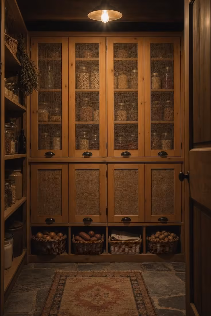 13 Charming Rustic Cottage Ideas for a Welcoming Retreat 10 Burlap-paneled pantry cabinets with cast-iron bin pulls and mason jars in moody low light.
