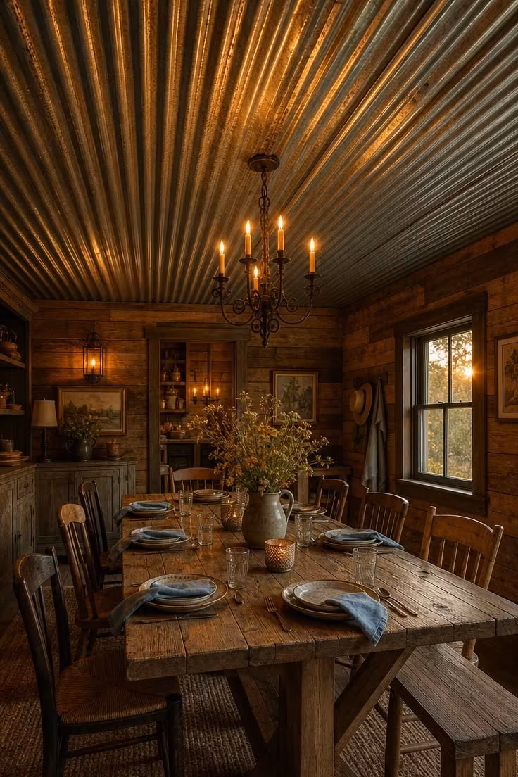 13 Charming Rustic Cottage Ideas for a Welcoming Retreat 11 Corrugated metal ceiling above a trestle table set for dinner with candlelight reflecting off the ridges.