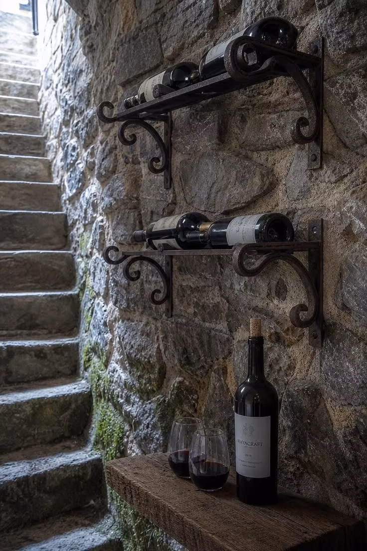 13 Charming Rustic Cottage Ideas for a Welcoming Retreat 12 Stone-walled cellar nook converted to a wine alcove with wrought-iron shelving and fieldstone.