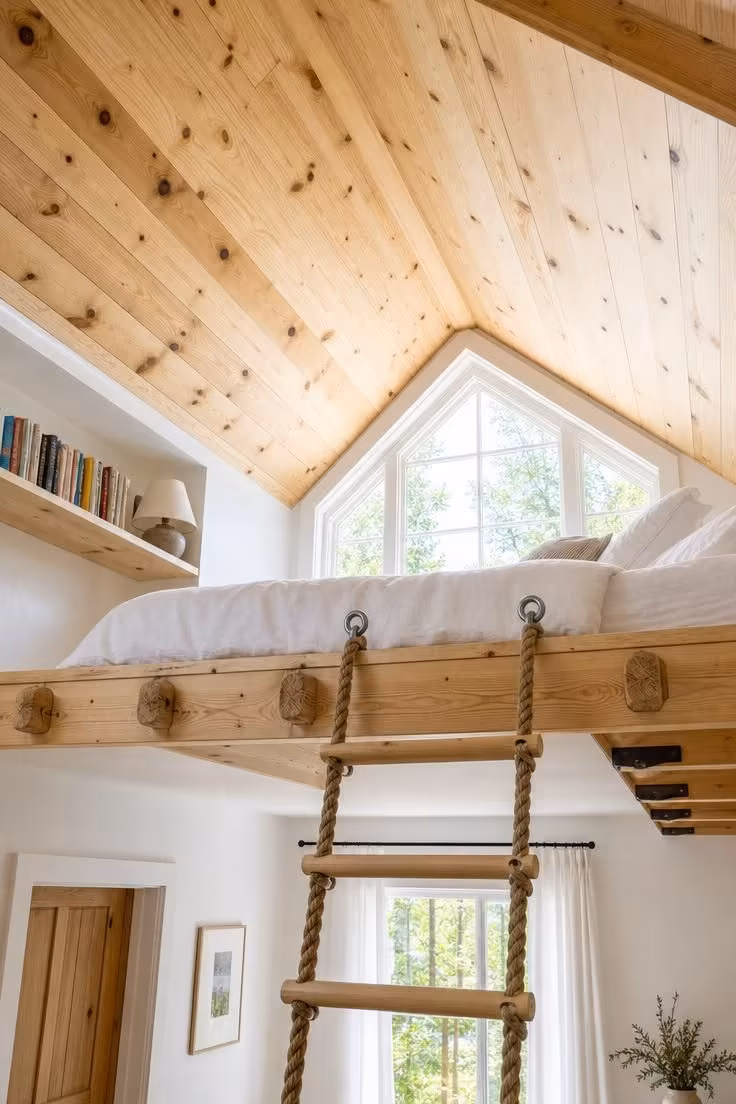 13 Charming Rustic Cottage Ideas for a Welcoming Retreat 13 Knotty pine ceiling in a sleeping loft with a rope-railed ladder and bright midday light through a gable window.