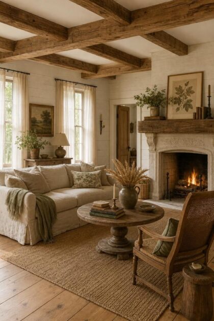13 Charming Rustic Cottage Ideas for a Welcoming Retreat Rustic cottage living room with exposed beams, stone fireplace, slipcovered sofa, and warm natural light.