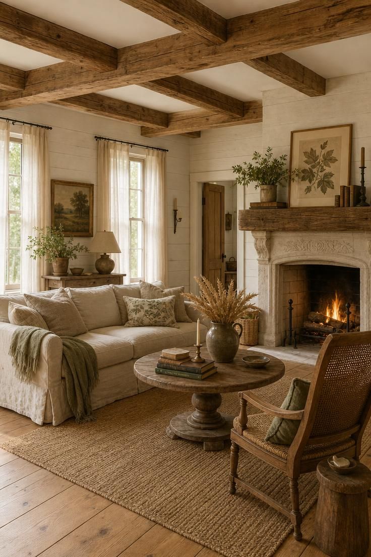 Rustic cottage living room with exposed beams, stone fireplace, slipcovered sofa, and warm natural light.