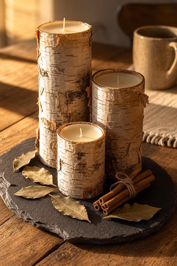 11 Warm Rustic Fall Decor Ideas for a Cozy Home Retreat 1 Bark-wrapped pillar candles arranged on a slate cheese board with dried bay leaves and cinnamon sticks in warm golden light