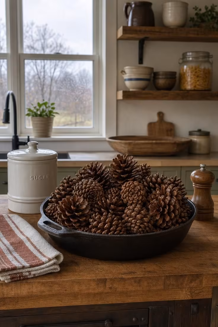 11 Warm Rustic Fall Decor Ideas for a Cozy Home Retreat 2 Cast iron skillet filled with cinnamon-scented pinecones on a butcher block kitchen island in cool overcast morning light
