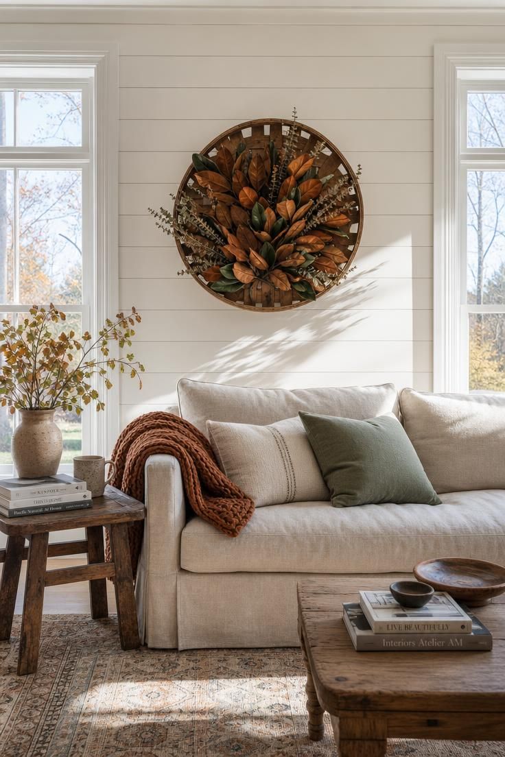 11 Warm Rustic Fall Decor Ideas for a Cozy Home Retreat 3 Large tobacco basket filled with preserved magnolia leaves hung on a shiplap wall above a linen sofa with a chunky knit throw in bright midday light