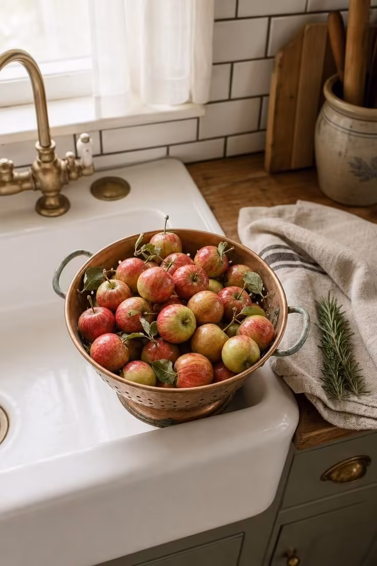 11 Warm Rustic Fall Decor Ideas for a Cozy Home Retreat 4 Vintage copper colander filled with Lady apples on a farmhouse sink edge in soft diffused light with fresh rosemary and a linen towel nearby