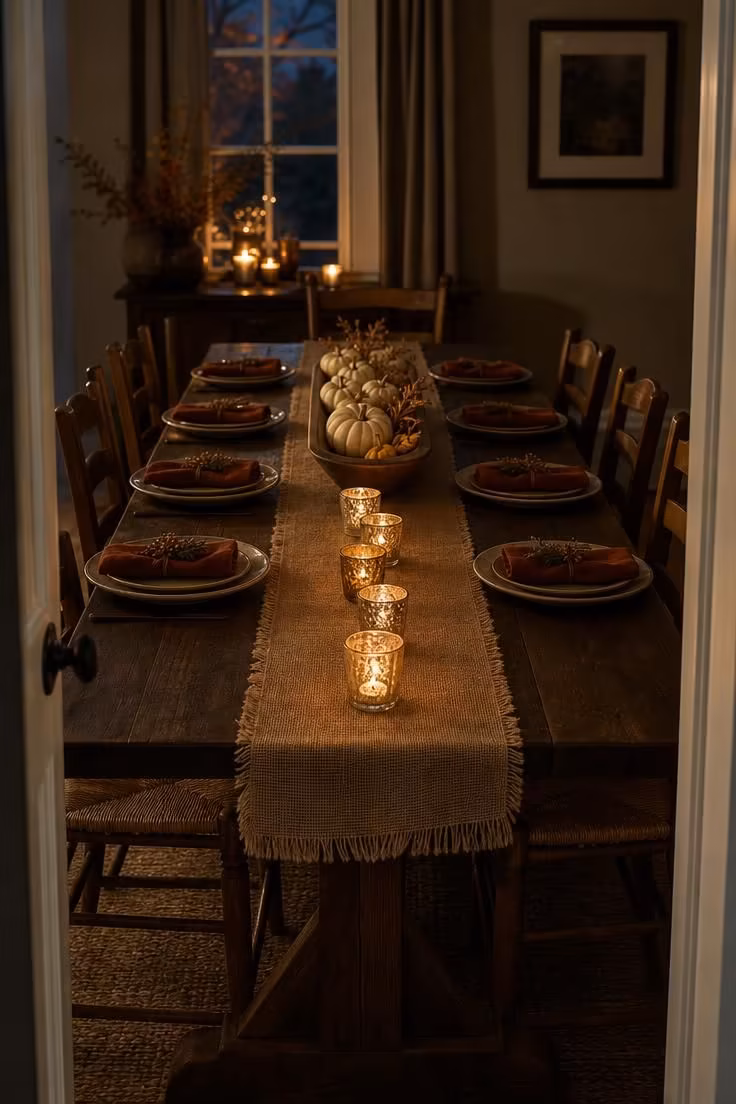 11 Warm Rustic Fall Decor Ideas for a Cozy Home Retreat 5 Burlap table runner with mercury glass votives glowing on a dark walnut farmhouse table set for an autumn dinner in moody low light
