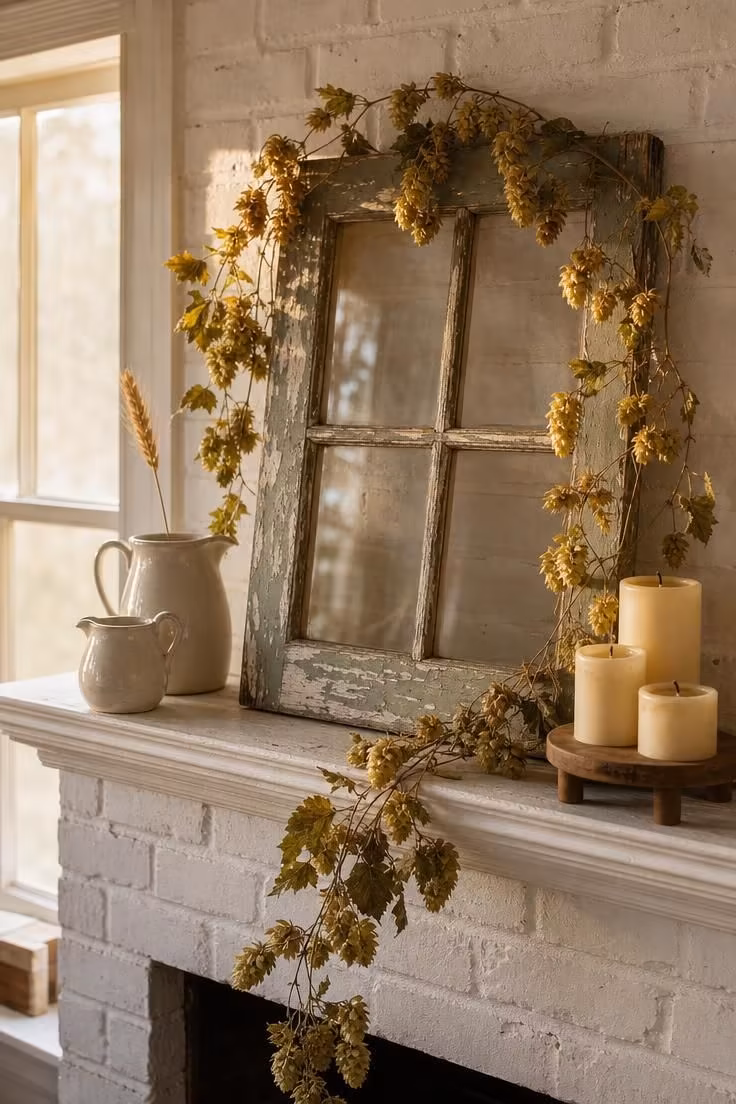11 Warm Rustic Fall Decor Ideas for a Cozy Home Retreat 6 Salvaged window frame with dried hop vines propped on a whitewashed brick mantel with ironstone pitchers and a pillar candle grouping in warm golden light
