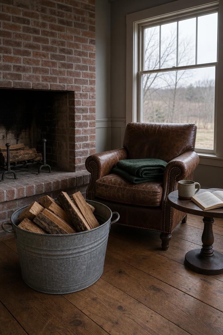 11 Warm Rustic Fall Decor Ideas for a Cozy Home Retreat 7 Galvanized wash tub filled with stacked firewood beside a brown leather armchair in cool overcast light with a green wool blanket