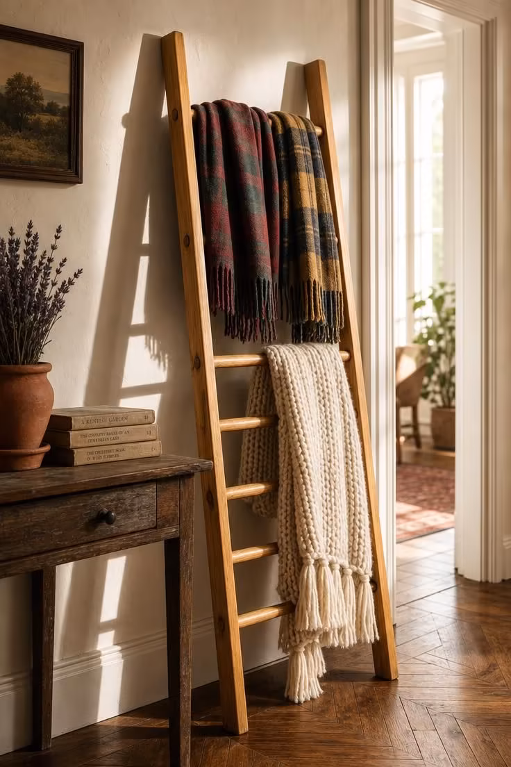 11 Warm Rustic Fall Decor Ideas for a Cozy Home Retreat 8 Wooden blanket ladder with plaid scarves and a chunky knit throw leaning against a white plaster wall in bright midday hallway light