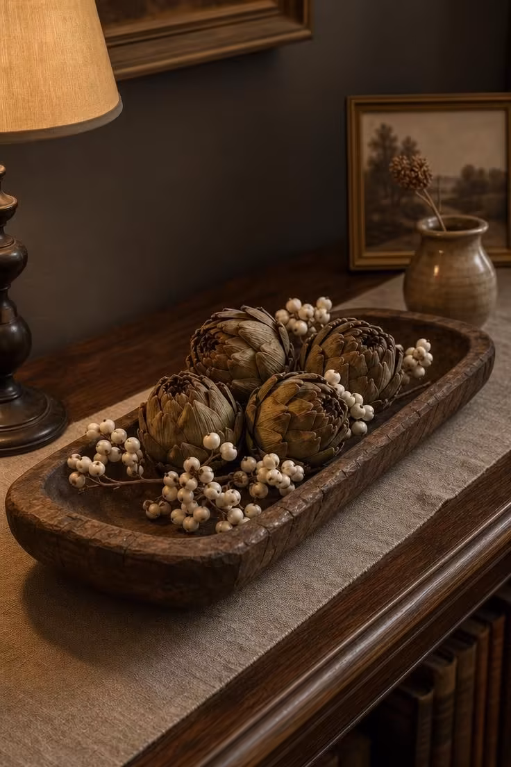 11 Warm Rustic Fall Decor Ideas for a Cozy Home Retreat 9 Dried artichoke heads and white tallow berries arranged in a carved wooden trencher on a dark oak console table in soft diffused light