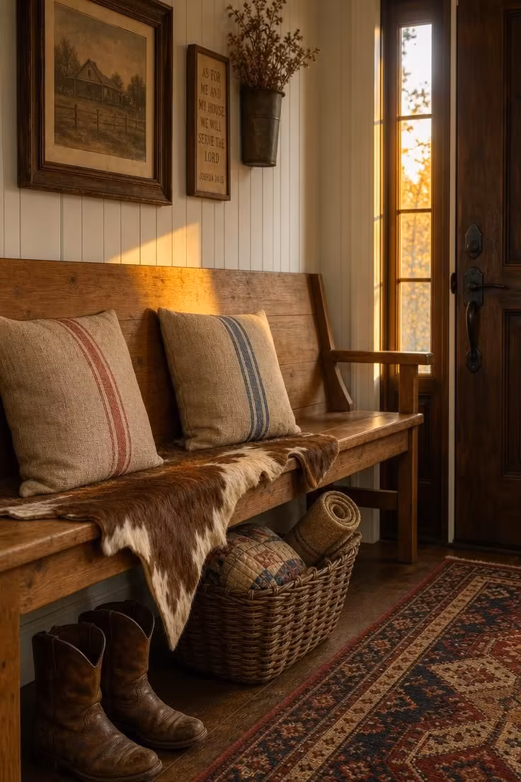 11 Warm Rustic Fall Decor Ideas for a Cozy Home Retreat 11 Antique grain sack pillows and a cowhide rug on a hickory bench in a farmhouse entryway with warm golden afternoon light