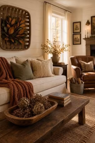 Warm farmhouse living room styled for fall with a chunky knit throw, tobacco basket with magnolia leaves, dried artichokes in a wooden trencher, and stacked firewood in a galvanized tub in golden afternoon light